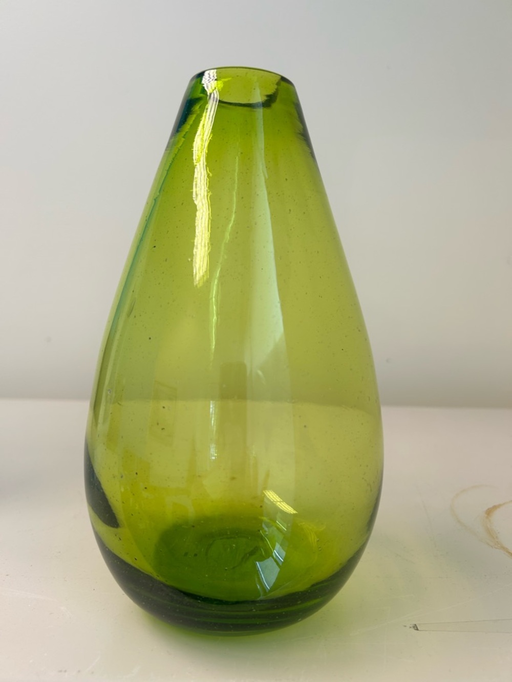 Blenko Glass 9” Chartreuse Hand Blown Teardrop Vase 1949. Brand mark is present